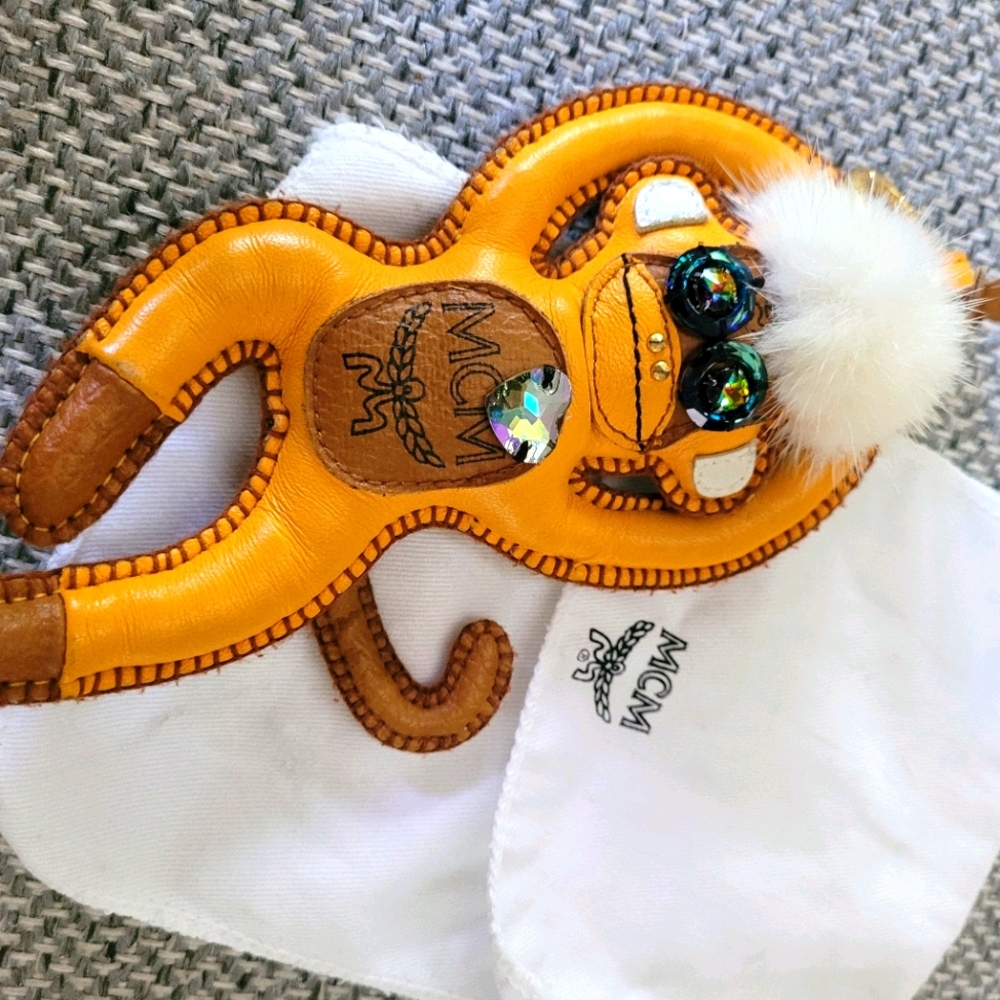 MCM Cognac Visetos Swarovski Monkey Bag Charm